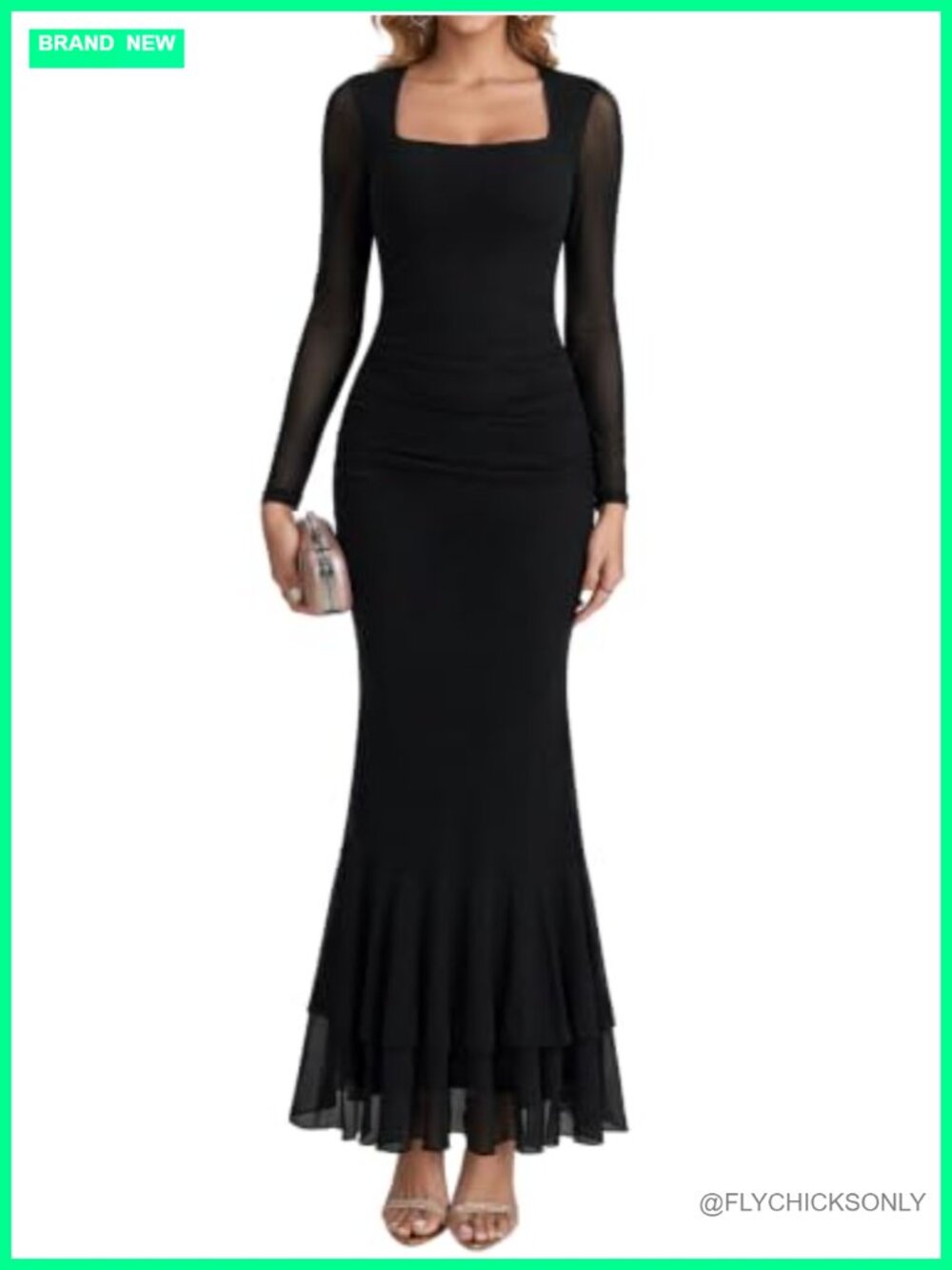 Square Neck Long Sleeve Mesh Mermaid Maxi Dress Ruched Ruffle Formal